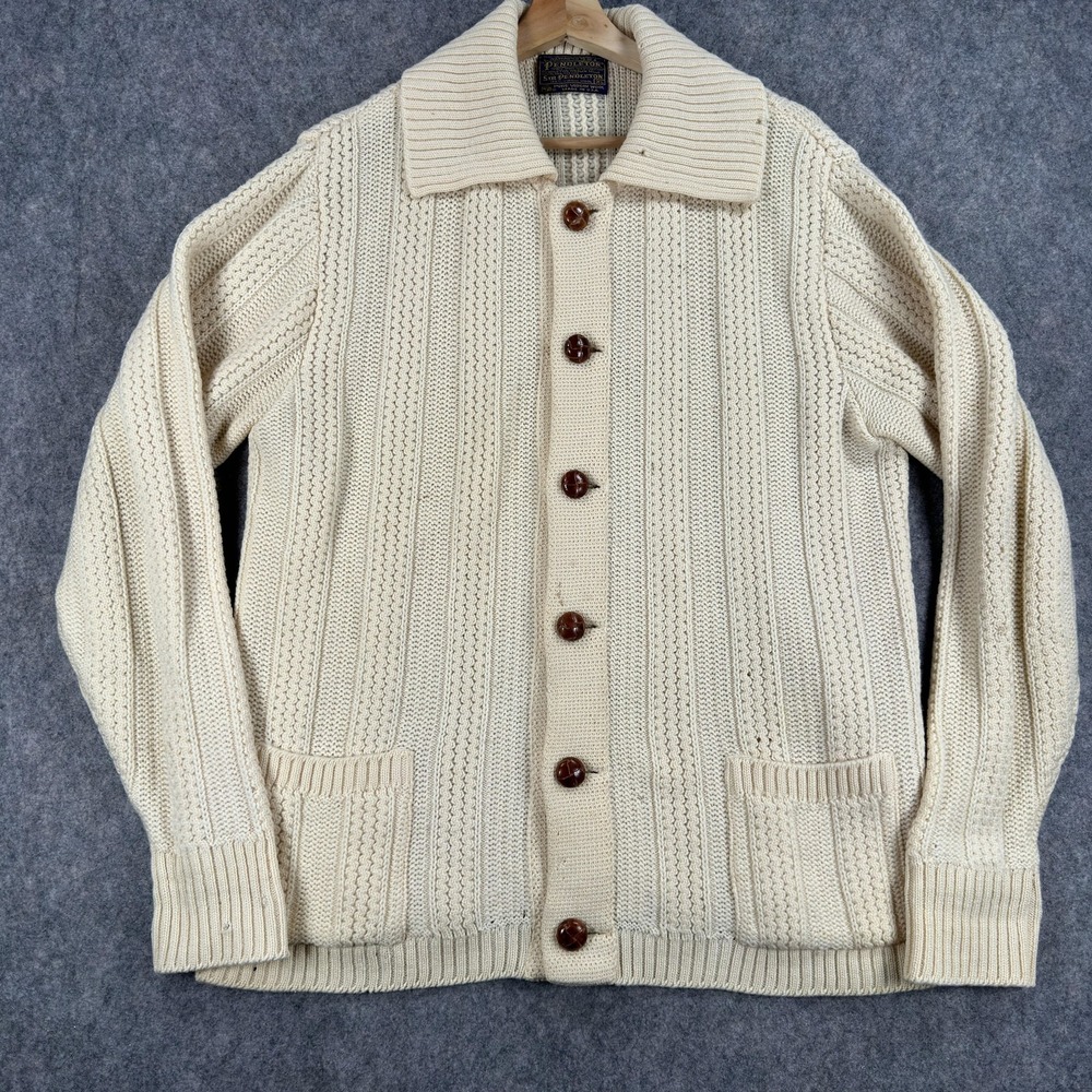 Vintage Sir Pendleton Sweater Mens XL White Wool Chunky Knit Button Cardigan USA